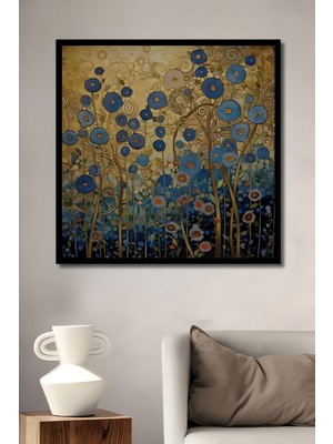 Altın Yapraklı Mavi Çiçekler Yağlı Boya Görünümlü Ahşap Ev,antre,ofis,mutfak Tablo Çerçeve Görünümlü