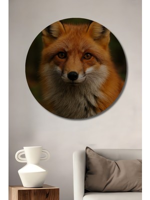 Orman Tilkisi Yağlı Boya Görünümlü Dekoratif Ahşap Tablo Yuvarlak Duvar Tablosu