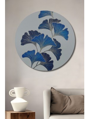 Mavi Ginkgo Yaprağı Sulu Boya Görünümlü Ahşap Dekoratif Tablo Yuvarlak Duvar Tablosu