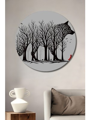 Kırmızı Başlıklı Kurt Ormanı Silüet Ahşap Dekoratif Tablo Yuvarlak Duvar Tablosu