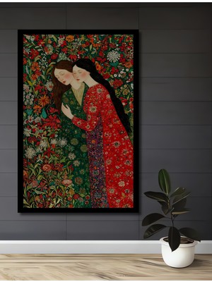 Iki Kadın Çiçek Bahçesi Yağlı Boya Görünümlü Ahşap Ev,antre,ofis,mutfak Tablo Çerçeve Görünümlü