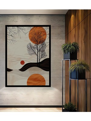 Soyut Güneş Ağaç Desenli Minimalist Ahşap Ev,antre,ofis,mutfak,yatak Odası Tablo Çerçeve Görünümlü