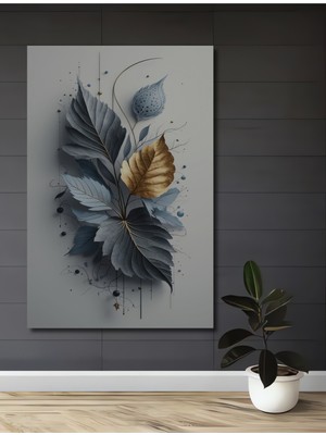 Altın Vurgulu Yaprak Buketi Yağlı Boya Görünümlü Dekoratif Ahşap Ev,antre,salon,ofis,mutfak Tablo