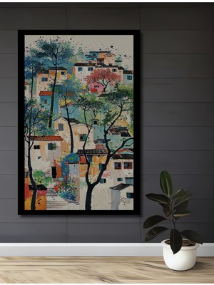 Renk Cümbüşü Evler Sulu Boya Görünümlü Ahşap Ev,antre,ofis,yatak Odası Tablo Çerçeve Görünümlü