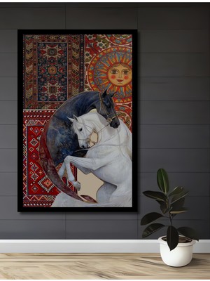 Iki At ve Güneş Kadın Desenli Ahşap Ev,antre,salon,ofis,mutfak,yatak Odası Tablo Çerçeve Görünümlü