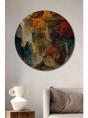 Dağ Manzaralı Saray Görünümlü Yağlı Boya Sahne Ahşap Dekoratif Tablo Yuvarlak Duvar Tablosu