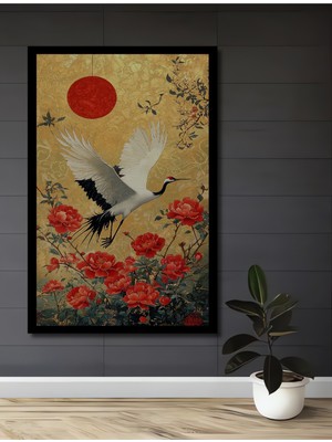 Kırmızı Çiçekli Ulu Kırmızı Güneş Turnası Sulu Boya Görünüm Sanat Tablo Ahşap Tablo Çerçeve Görünüm