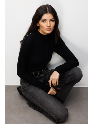 Mixray 7002 Kadın Omuzu Düğmeli Triko Kazak Siyah