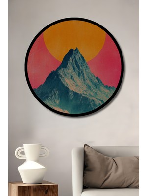 Görkemli Dağ Gün Batımı Yağlı Boya Görünümlü Ahşap Tablo Yuvarlak Duvar Tablosu Çerçeve Görünümlü
