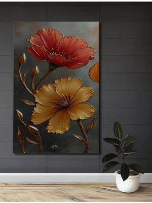 Altın Vurgulu Kırmızı ve Sarı Güller Yağlı Boya Görünümlü Ahşap Dekoratif Ev,antre,salon Tablo