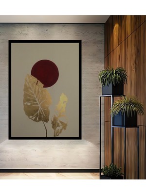 Altın Yaprak Kırmızı Güneş Sulu Boya Görünümlü Ahşap Ev,antre,ofis,mutfak Tablo Çerçeve Görünümlü