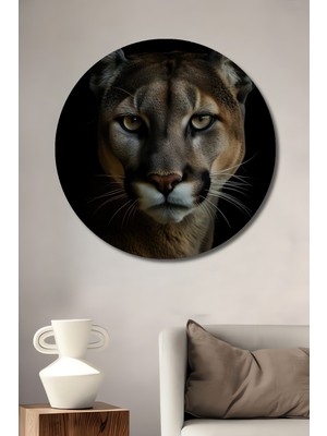Ormanların Kralı Puma Sanatı Yağlı Boya Görünümlü Ahşap Dekoratif Tablo Yuvarlak Duvar Tablosu