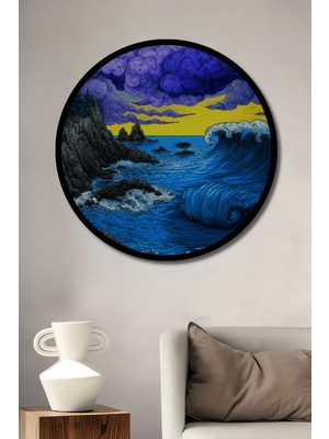 Büyük Dalgalar ve Fırtınalı Gökyüzü Ahşap Tablo Yuvarlak Tablo Çerçeve Görünümlü