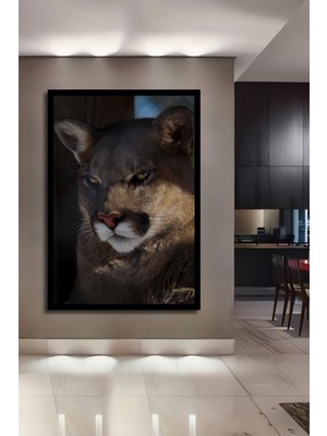 Görkemli Puma Yağlı Boya Görünümlü Ahşap Ev,antre,ofis,mutfak,yatak Odası Tablo Çerçeve Görünümlü