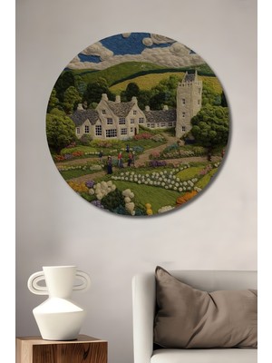 Bahçeli Ev Kule Silüeti Işlemeli Dekoratif Ahşap Tablo Yuvarlak Duvar Tablosu