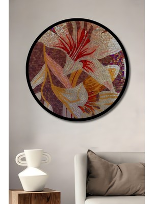 Görkemli Lilyum Mozaik Desenli Ahşap Dekoratif Tablo Yuvarlak Duvar Tablosu Çerçeve Görünümlü