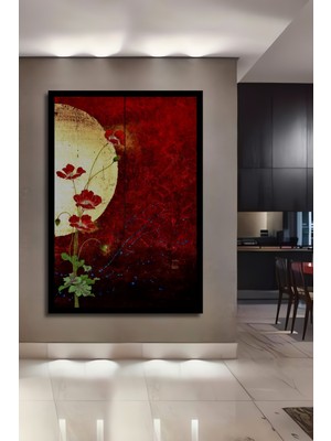 Kırmızı Gelincikler Yağlı Boya Görünümlü Ahşap Antre,ofis,mutfak,yatak Odası Tablo Çerçeve Görünümlü