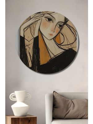 Kederli Kadın Portresi Yağlı Boya Görünümlü Modern Sanat Ahşap Tablo Yuvarlak Duvar Tablosu