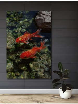 Altın Balıkları Ile Büyülü Doğanın Buluşması Sulu Boya Görünümlü Ahşap Dekoratif Tablo