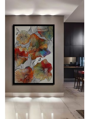 Renkli Çiçek Desenli Sulu Boya Görünümlü Modern Sanat Ahşap Ev,antre,ofis Tablo Çerçeve Görünümlü