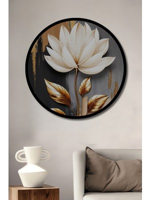 Altın Yapraklı Beyaz Lotus Çiçeği Modern Sanat Ahşap Tablo Yuvarlak Tablo Çerçeve Görünümlü