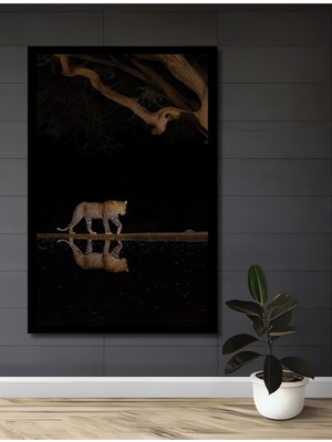 Leopar Gölge Dansı Yağlı Boya Görünümlü Ahşap Dekoratif Ofis,mutfak, Tablo Çerçeve Görünümlü