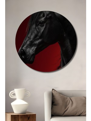 Görkemli Siyah At Yağlı Boya Görünümlü Dekoratif Ahşap Tablo Yuvarlak Duvar Tablosu