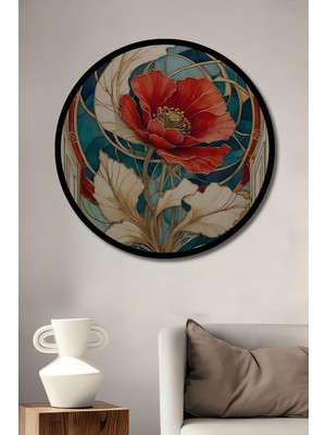 Art Nouveau Gelincik Sulu Boya Görünümlü Ahşap Tablo Yuvarlak Duvar Tablosu Çerçeve Görünümlü