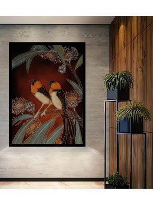 Büyülü Iki Kuş ve Eukaliptüs Çiçekleri Yağlı Boya Görünümlü Ahşap Dekoratif  Tablo Çerçeve Görünümlü