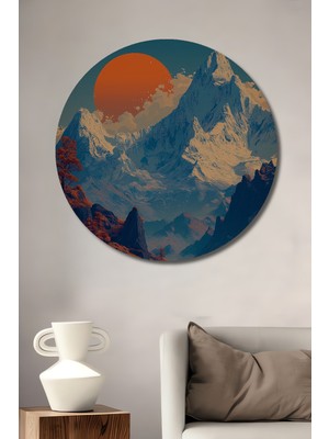 Muhteşem Gün Batımı Dağ Manzarası Yağlı Boya Görünümlü Dekoratif Ahşap Tablo Yuvarlak Duvar Tablosu