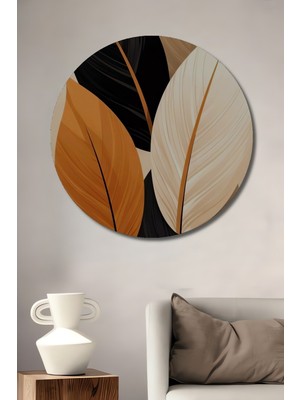 Yaprak Dokunuşlu Modern Sanat Ahşap Dekoratif Tablo Yuvarlak Duvar Tablosu