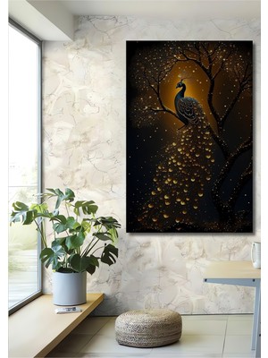Altın Işıltılı Tavuskuşu Yağlı Boya Görünümlü Ahşap Dekoratif Ev,antre,salon,ofis,mutfak Tablo