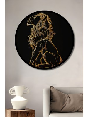 Aslan Desenli Altın Varak Görünüm Modern Sanat Ahşap Tablo Yuvarlak Duvar Tablosu Çerçeve Görünüm