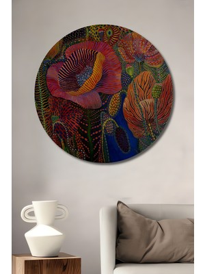 Canlı Botanik Desenli Soyut Sanat Ahşap Dekoratif Tablo Yuvarlak Duvar Tablosu