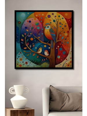 Canlı Renkler Yağlı Boya Görünümlü Kuşlu Soyut Sanat Ahşap Antre,ofis,mutfak Tablo Çerçeve Görünümlü