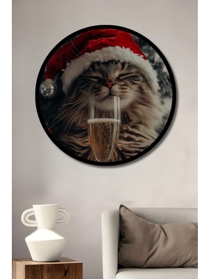 Şık Yılbaşı Kedisi Yağlı Boya Görünümlü Ahşap Tablo Yuvarlak Duvar Tablosu Çerçeve Görünümlü