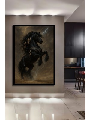 Güçlü Siyah At Sanat Eseri Ahşap Ev,antre,salon,ofis,mutfak,yatak Odası Tablo Çerçeve Görünümlü