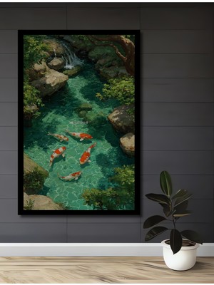 Canlı Koi Balıklı Berrak Su Döküntülü Doğal Manzara Ahşap Ofis,mutfak Tablo Çerçeve Görünümlü