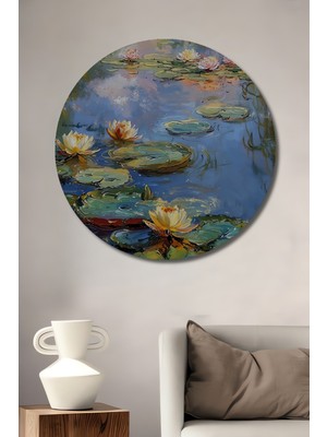 Su Safası Nilüfer Yağlı Boya Görünümlü Tablo Yuvarlak Duvar Tablosu