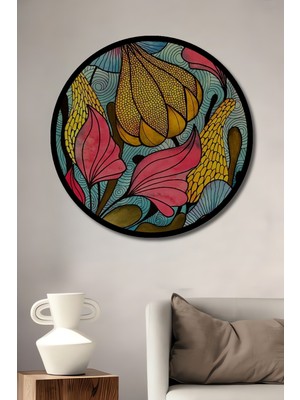 Rüya Gibi Çiçeklerin Sulu Boya Görünümlü Sanat Tablosu Yuvarlak Duvar Tablosu Çerçeve Görünümlü