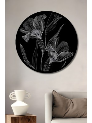 Zarif Beyaz Çiçek Illüstrasyonlu Ahşap Dekoratif Tablo Yuvarlak Duvar Tablosu Çerçeve Görünümlü