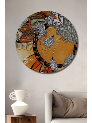 Soyut Çiçek Desenli Yağlı Boya Görünümlü Ahşap Dekoratif Tablo Yuvarlak Duvar Tablosu