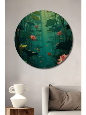 Sihirli Nilüfer Ormanı Sulu Boya Görünümlü Ahşap Dekoratif Tablo Yuvarlak Duvar Tablosu