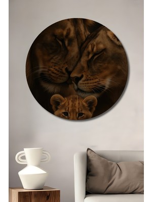 Aslan Ailesi Yağlı Boya Görünümlü Ahşap Dekoratif Tablo Yuvarlak Duvar Tablosu