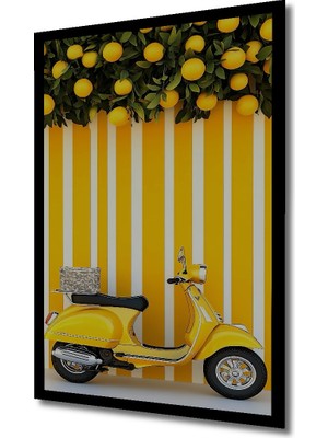 Sarı Vespa ve Limon Ağacı Desenli Ahşap Ev,antre,ofis,mutfak,yatak Odası Tablo Çerçeve Görünümlü