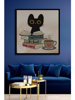 Kedi ve Kitap Aşkına Sulu Boya Görünümlü Ahşap Ev,antre,salon,ofis,mutfak Tablo Çerçeve Görünümlü