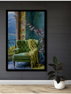 Ahşap Üzerine Yağlı Boya Görünümlü Şık Yeşil Koltuk ve Kiraz Çiçekleri Ahşap Tablo Çerçeve Görünümlü