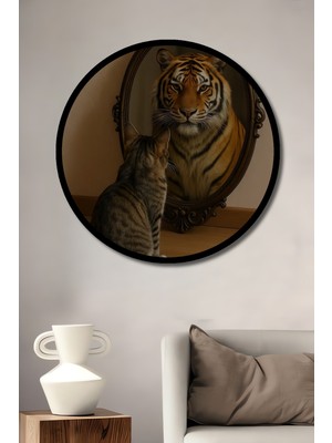 Aslan Kral Kedi Yavrusu Yağlı Boya Görünümlü Ahşap Tablo Yuvarlak Duvar Tablosu Çerçeve Görünümlü