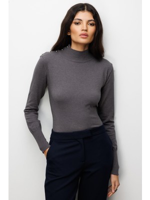 Mixray 7002 Kadın Omuzu Düğmeli Triko Kazak Antrasit