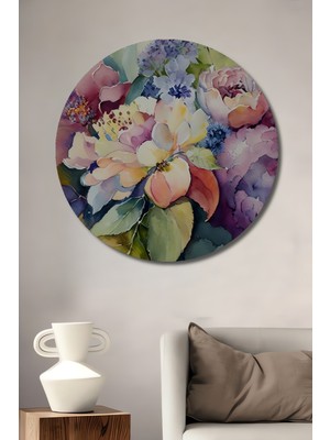Bahar Çiçekleri Sulu Boya Görünümlü Ahşap Dekoratif Tablo Yuvarlak Duvar Tablosu